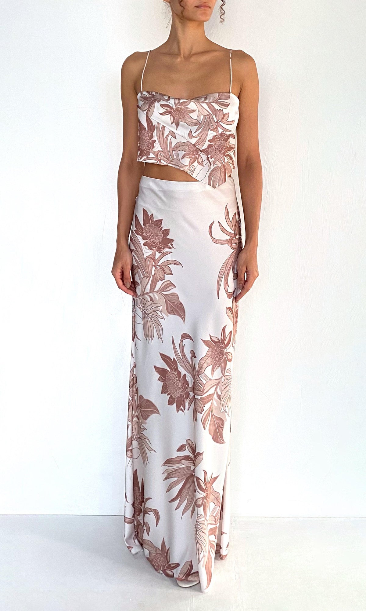 Rococo Sand | Cali Polyester Satin Lycra Scarf Cowl Top | Off-White Brown