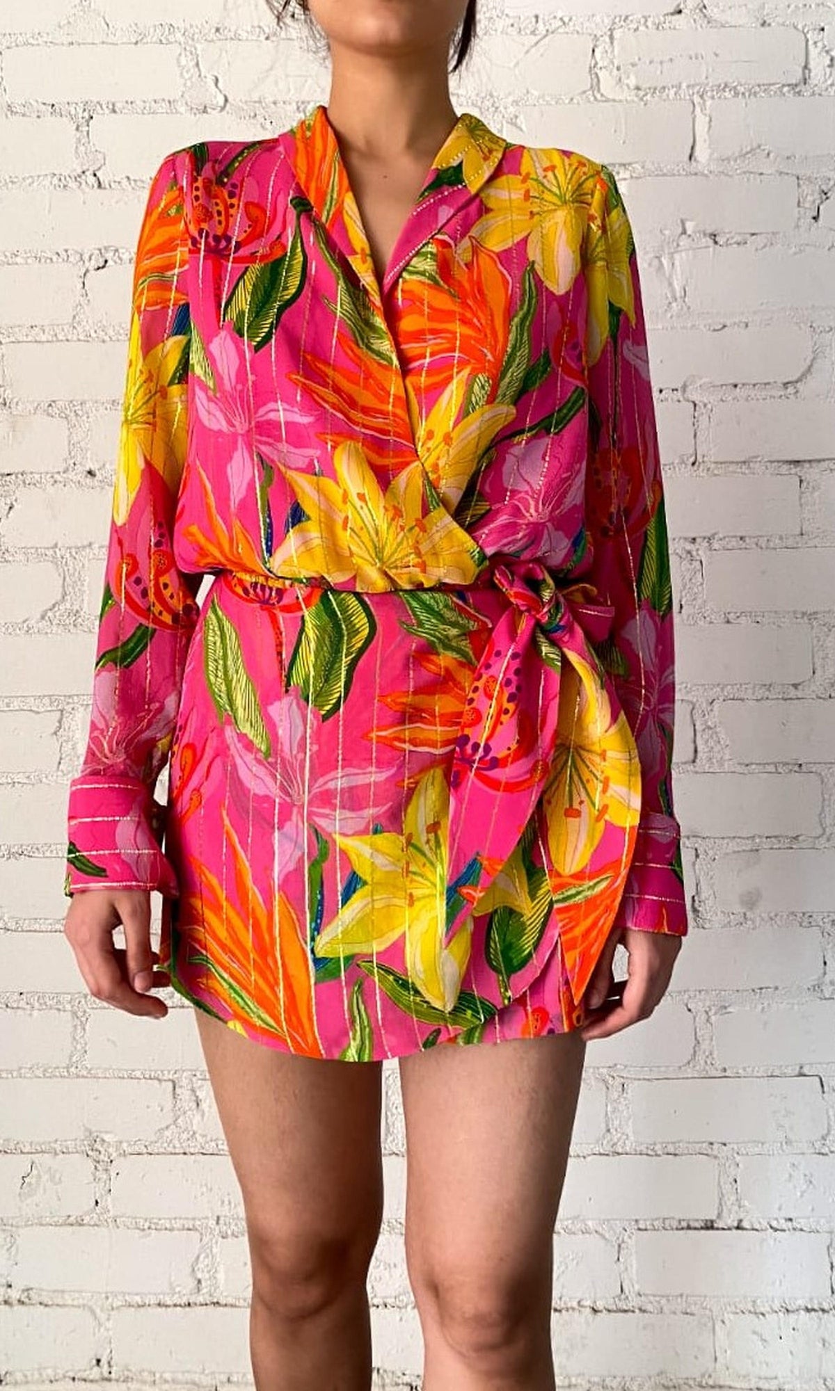 Womens | Chris Viscose Georgette Thick Stripe Lurex Romper | Pink