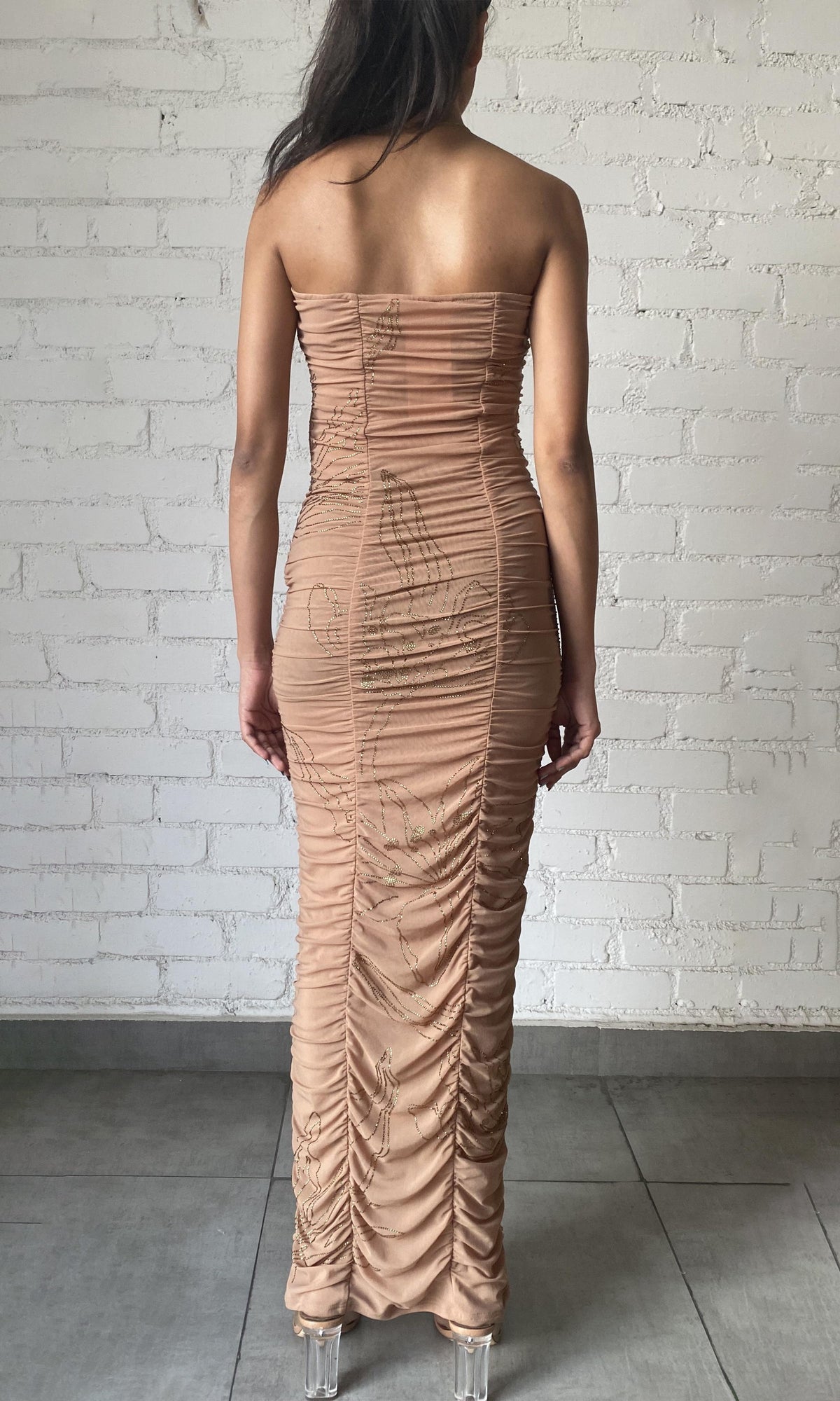 Womens | Dream Nylon Powermesh Long Dress | Nude