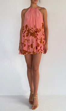 Rococo Sand | Mae Natural Crepe Halter Mini Dress | Peach