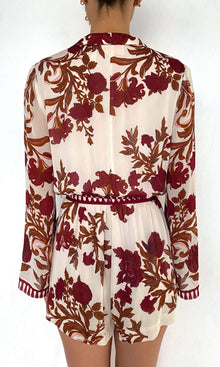 Rococo Sand | Maia Viscose Crinkle Chiffon Romper | Ivory Burgundy
