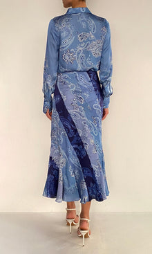 Rococo Sand | Navy Bemberg Cupro Satin Button Up Shirt | Light Blue