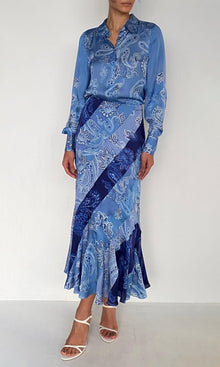 Rococo Sand | Navy Bemberg Cupro Satin Button Up Shirt | Light Blue