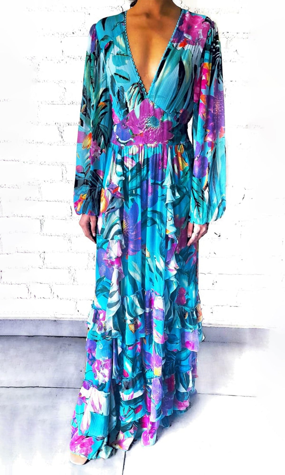Rococo Sand | Ocean Viscose Chiffon Maxi Dress | Turquoise
