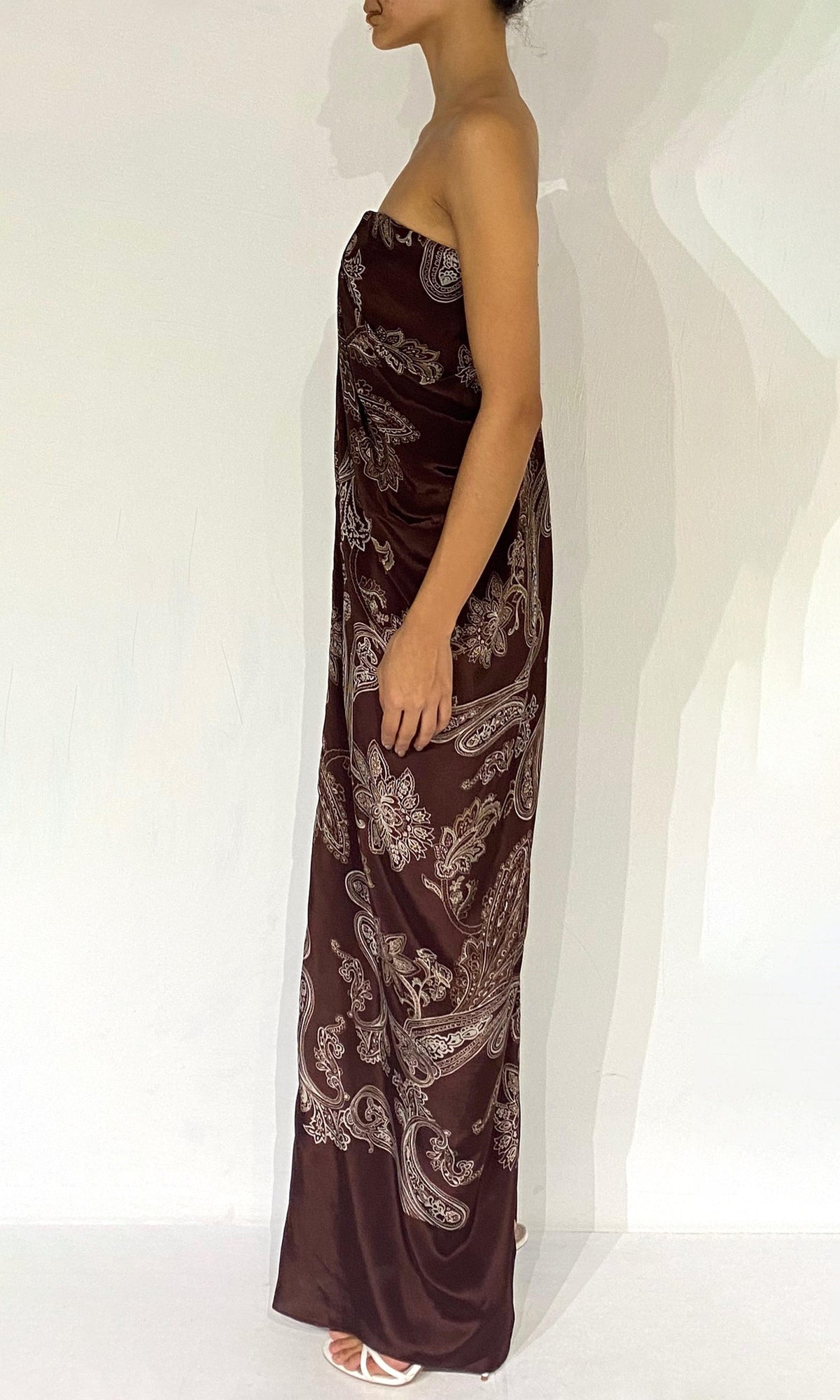 Womens | Orla Viscose Natural Crepe Off Shoulder Maxi Dress | Brown Beige