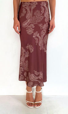 Womens | Orla Polyester Satin Lycra Midi Skirt | Brown Beige