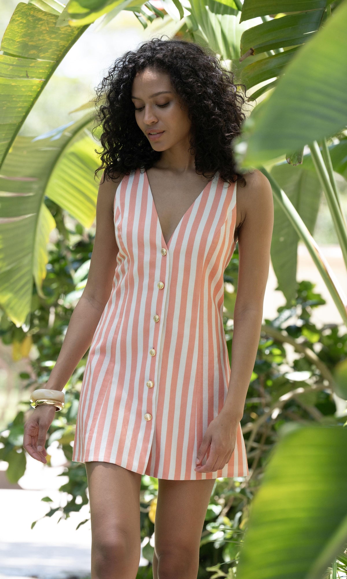 Rococo Sand | Riv Linen Cotton Front Button Open Mini Dress | Coral