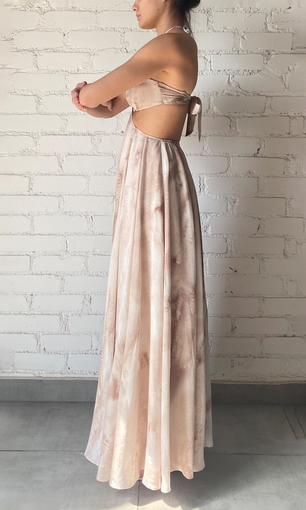 Rococo Sand | Ryan Viscose Crepe Flat Chiffon Long Dress | Light Brown