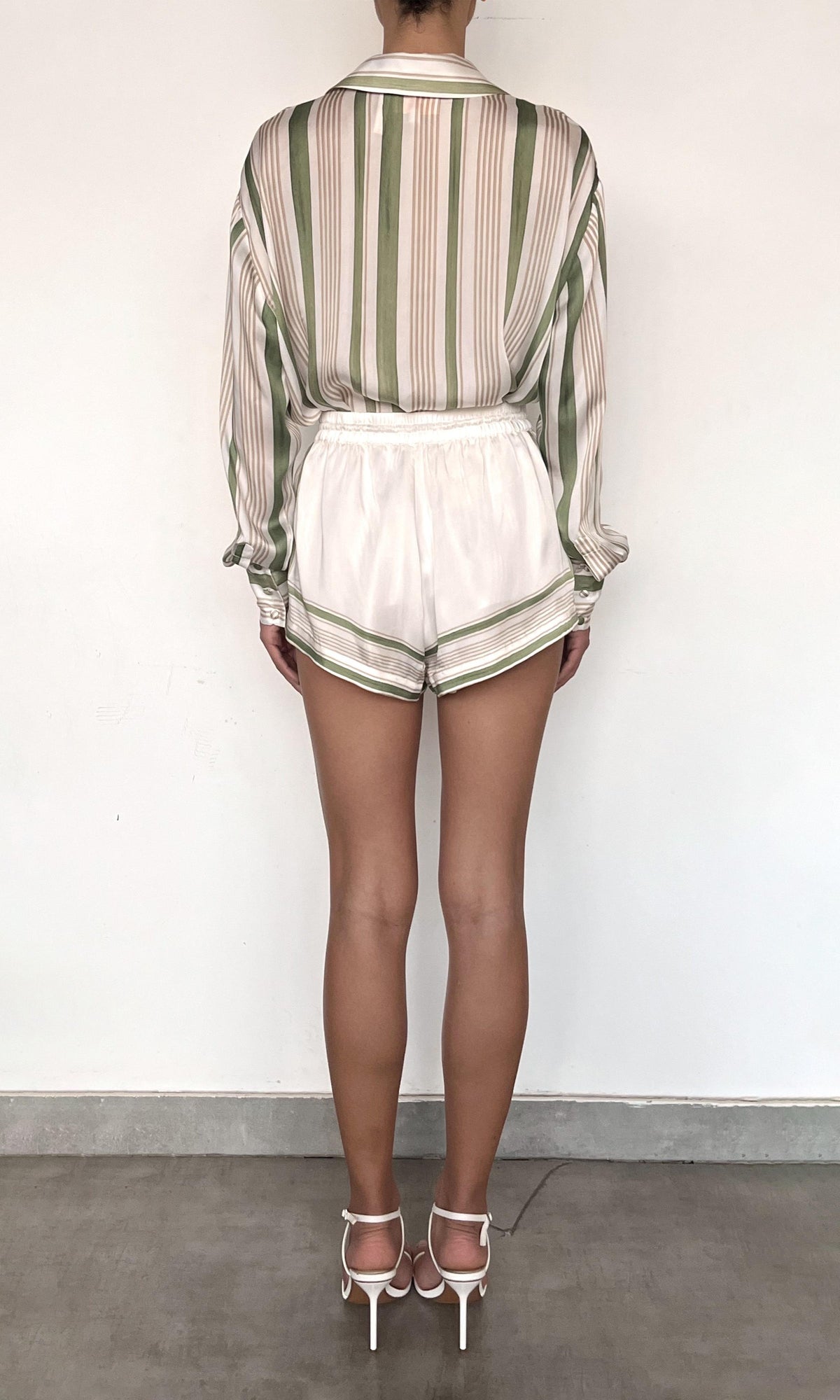 Rococo Sand | Taio Viscose Satin Shorts | Off-White Green