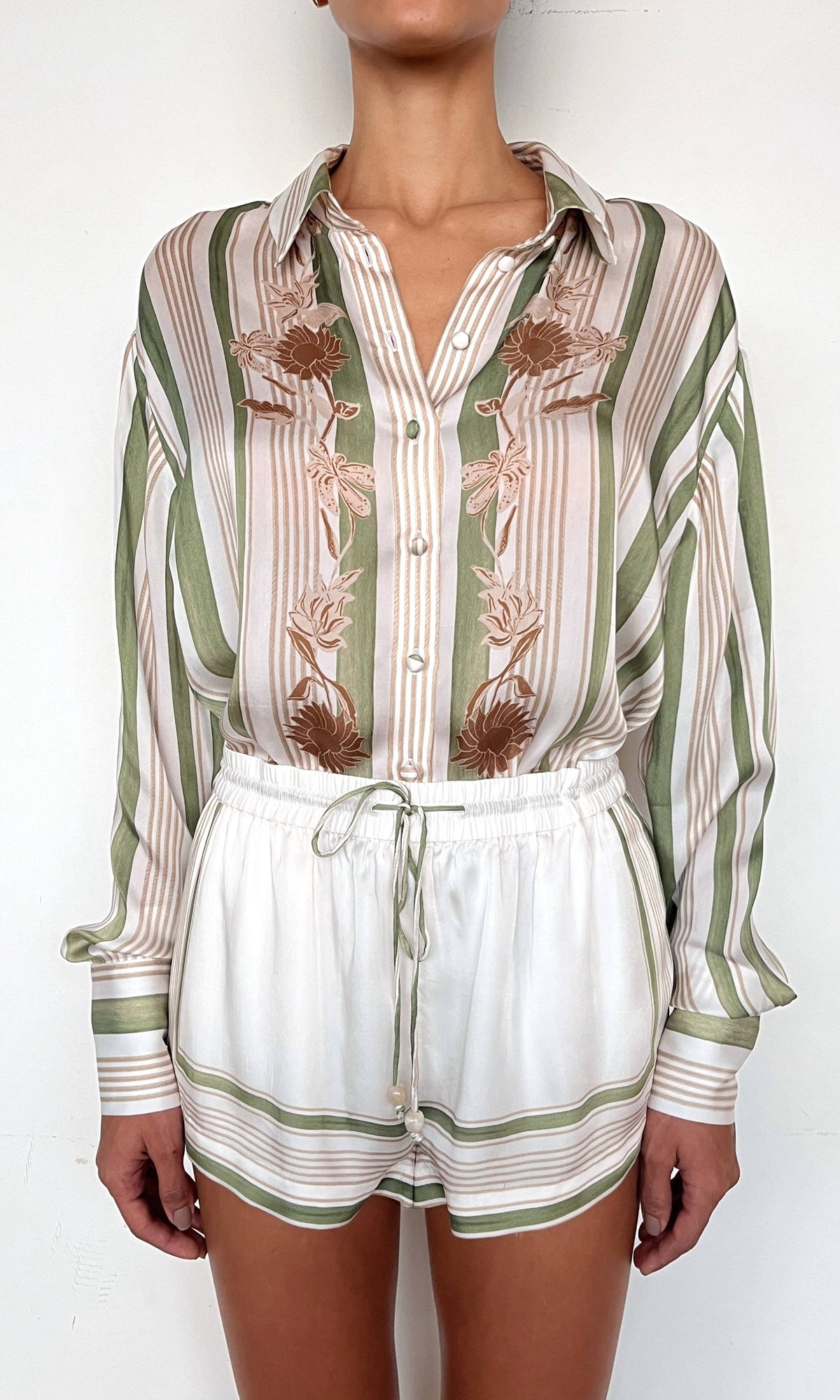 Rococo Sand | Taio Viscose Satin Shorts | Off-White Green