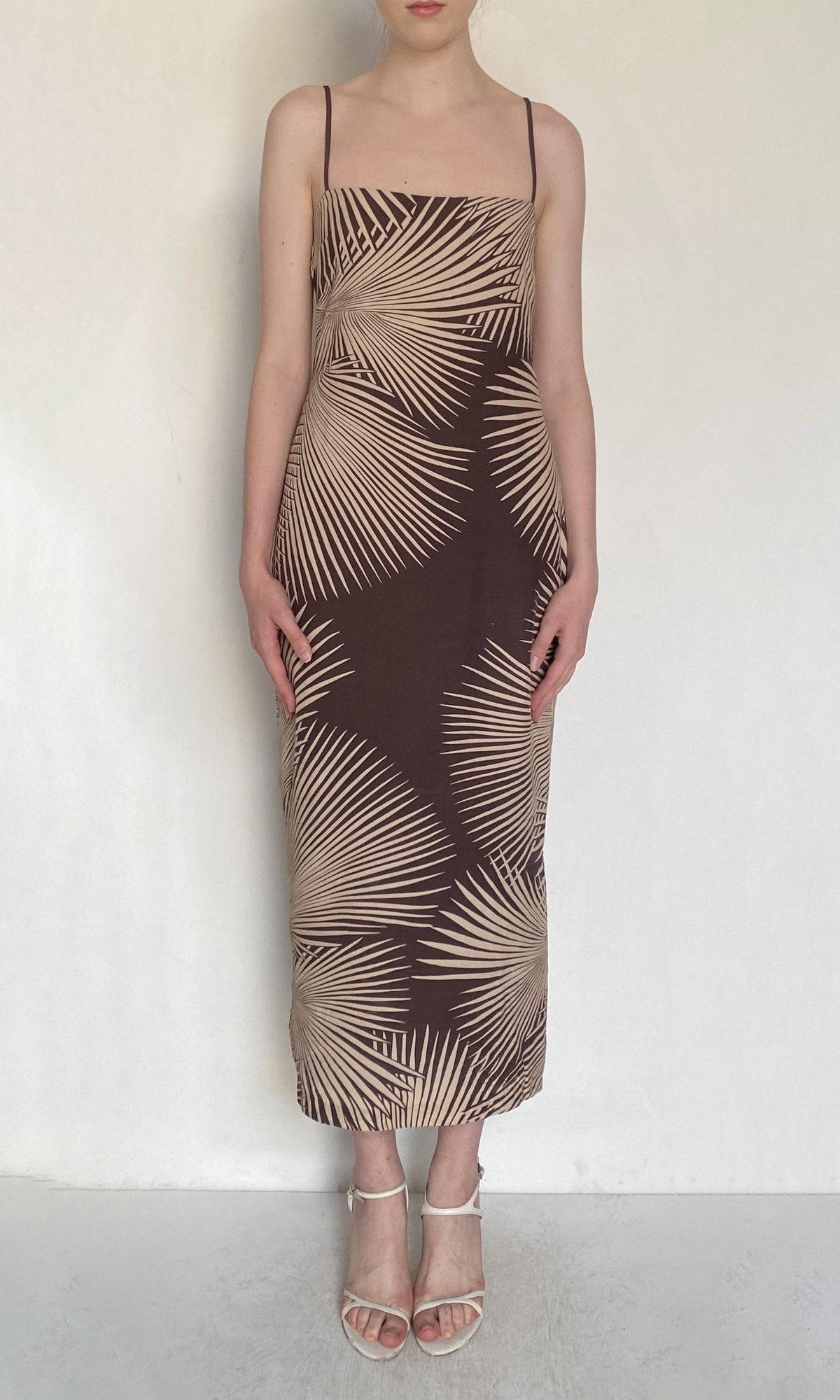 Rococo Sand | Taro Viscose Heavy Crepe Strappy Midi Dress | Brown
