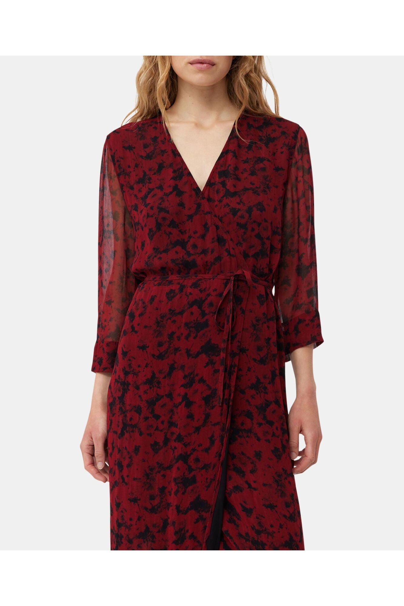 Red Printed Light Georgette Wrap Midi Dress | Syrah