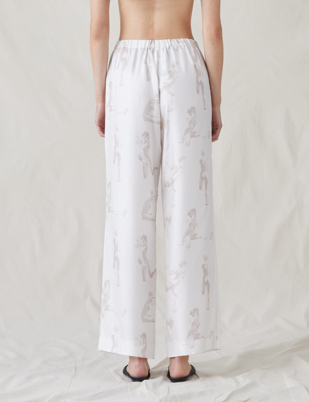 Womens | The Silk Relaxed Pants with Painted Figures | Cream / Sepia