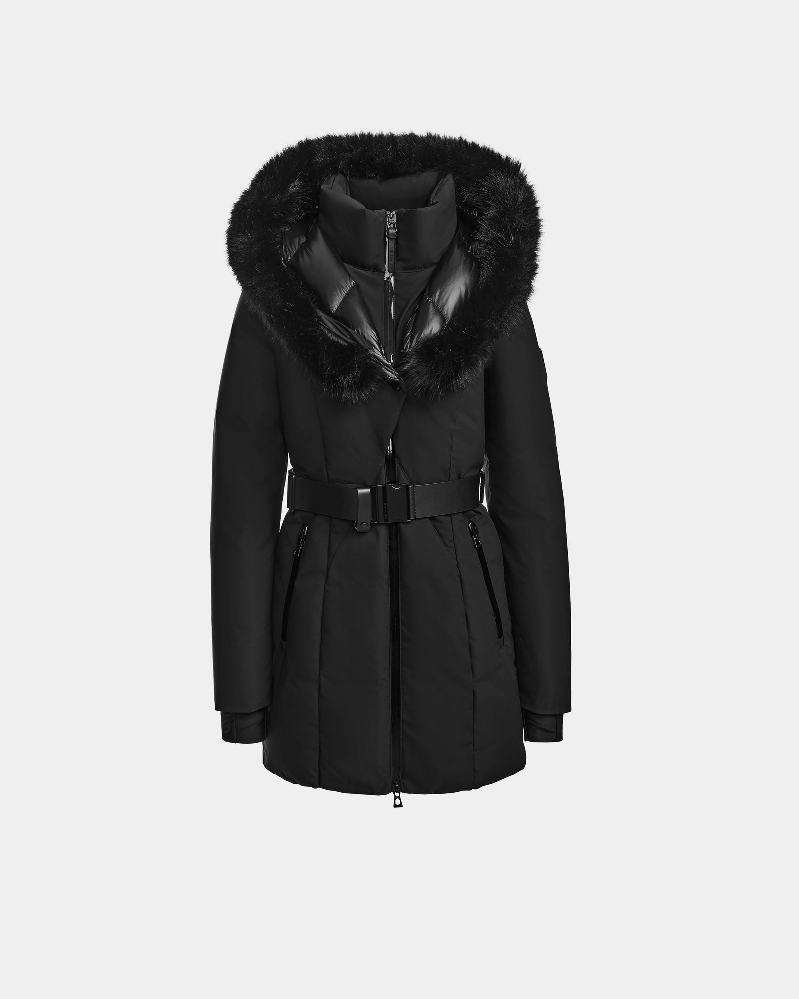 The Rudsak MODA M - 8124555 Black is a black winter coat with a belted waist, zippered front, and large hood trimmed in black faux fur—an elegant, sustainably crafted piece displayed against a plain light background.