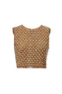 Embroidered Sleeveless Crewneck Cropped Top | Gold