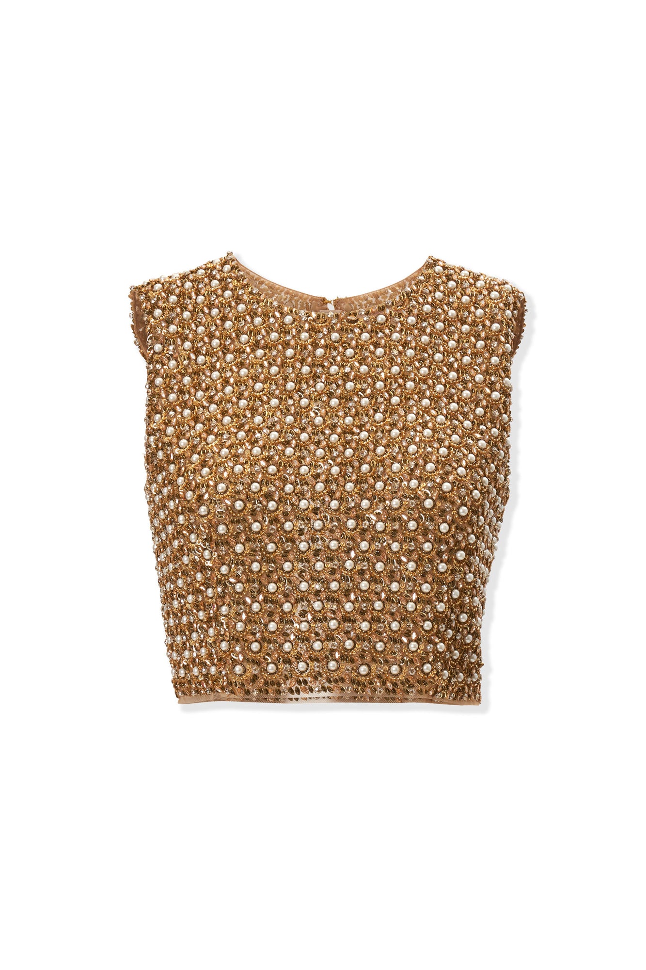 Embroidered Sleeveless Crewneck Cropped Top | Gold