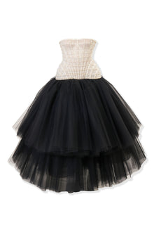 Embroidered Strapless Tiered Tea Length Dress | Black/White