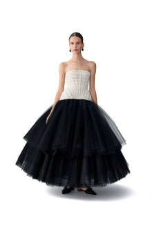 Embroidered Strapless Tiered Tea Length Dress | Black/White