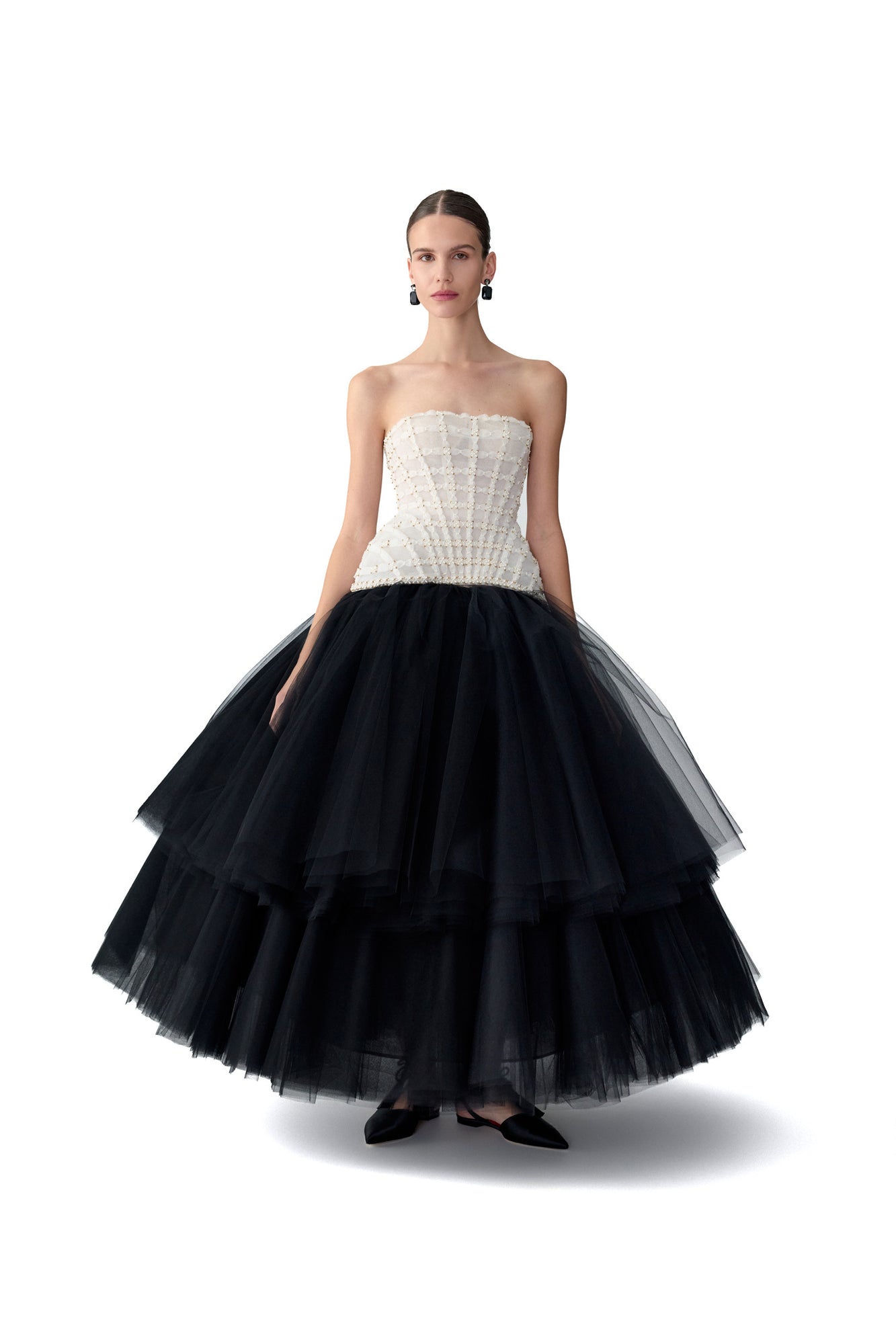 Embroidered Strapless Tiered Tea Length Dress | Black/White