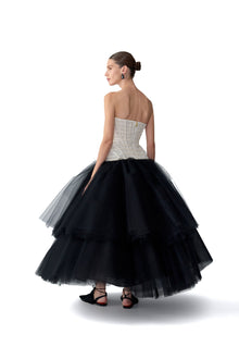 Embroidered Strapless Tiered Tea Length Dress | Black/White