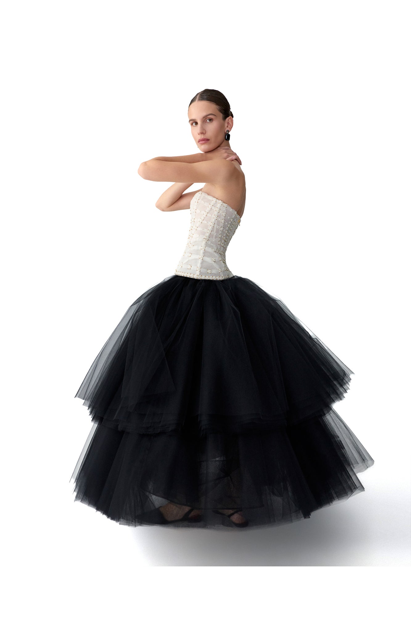 Embroidered Strapless Tiered Tea Length Dress | Black/White