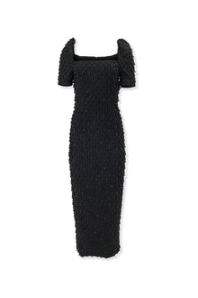 Embroidered Short Sleeve Square Neck Midi Dress | Black