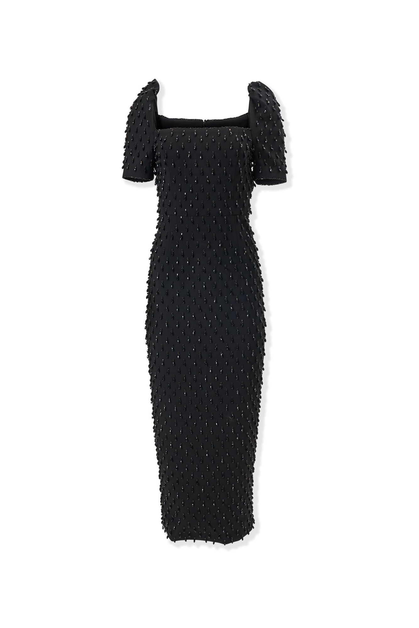 Embroidered Short Sleeve Square Neck Midi Dress | Black