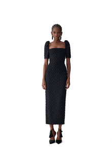 Embroidered Short Sleeve Square Neck Midi Dress | Black