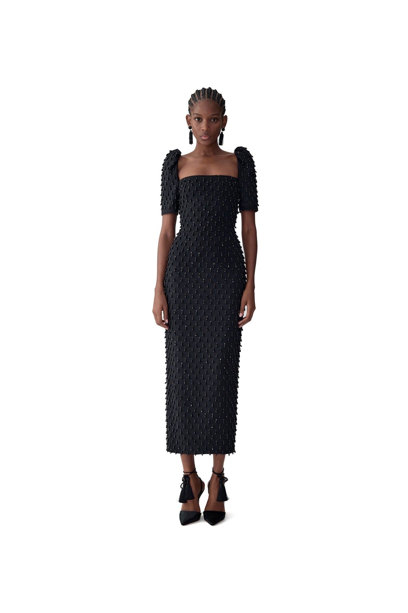 Embroidered Short Sleeve Square Neck Midi Dress | Black