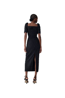 Embroidered Short Sleeve Square Neck Midi Dress | Black