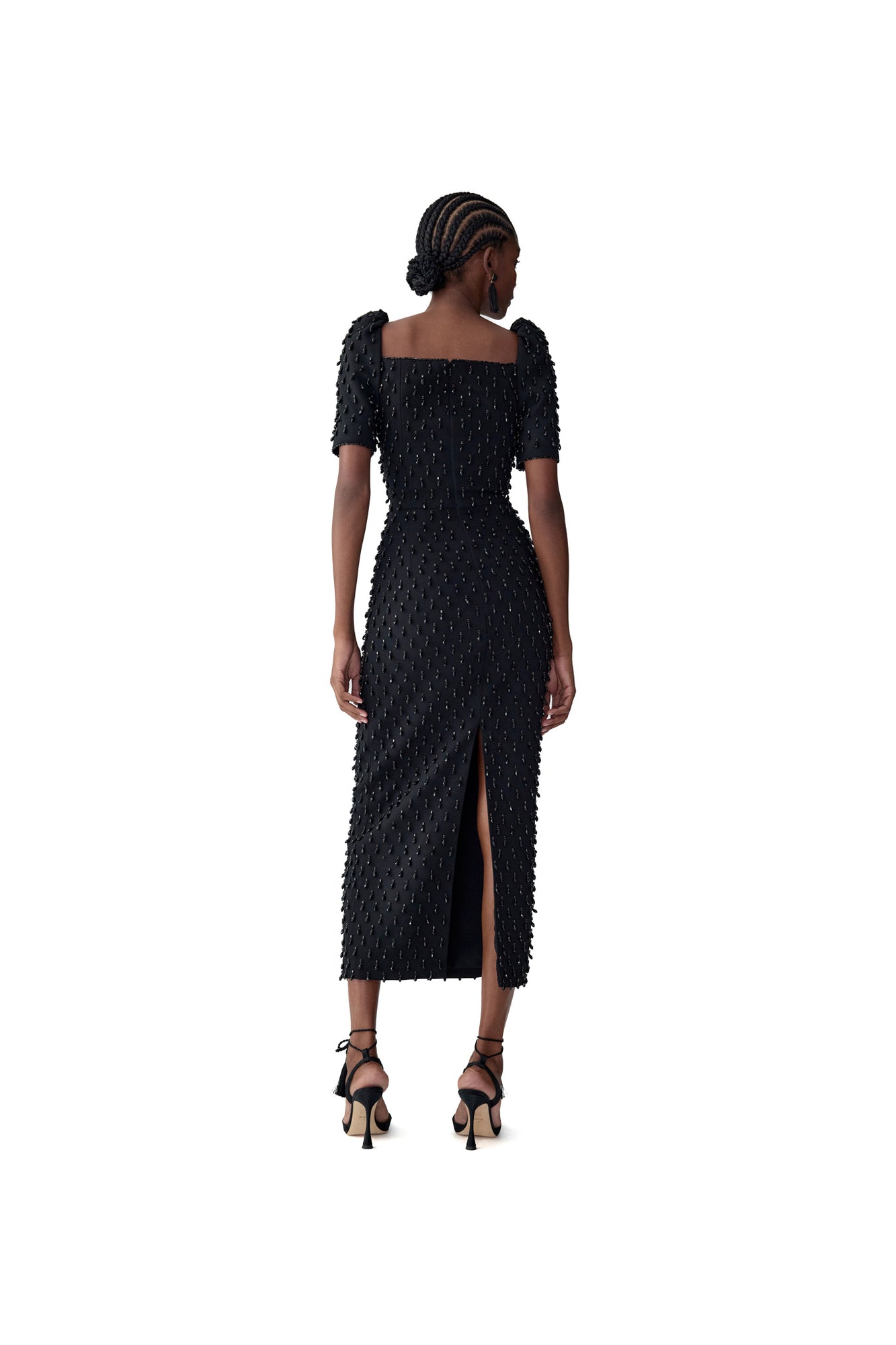 Embroidered Short Sleeve Square Neck Midi Dress | Black