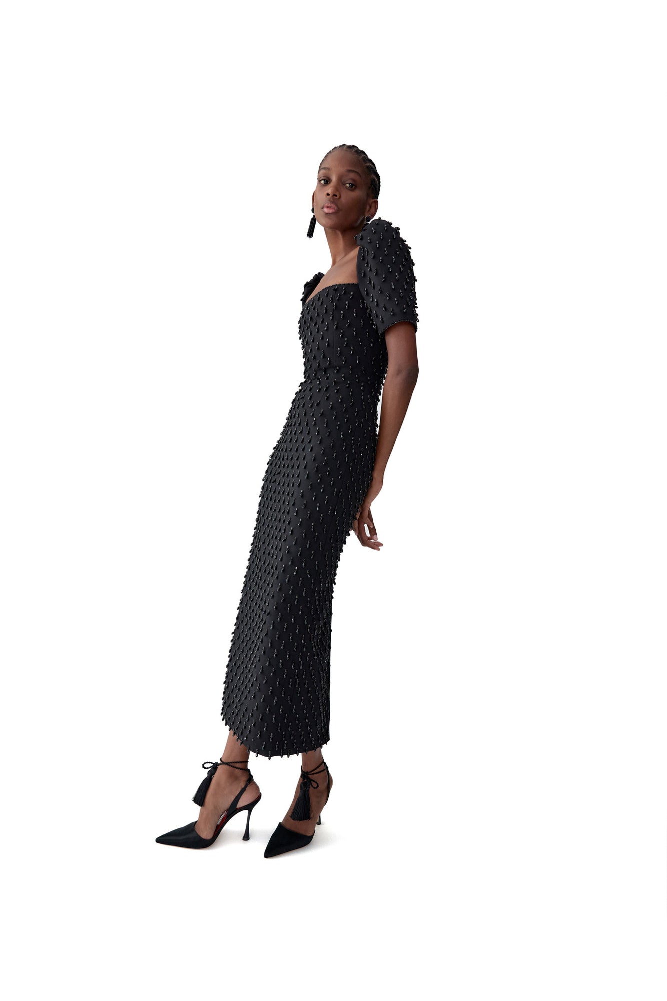 Embroidered Short Sleeve Square Neck Midi Dress | Black