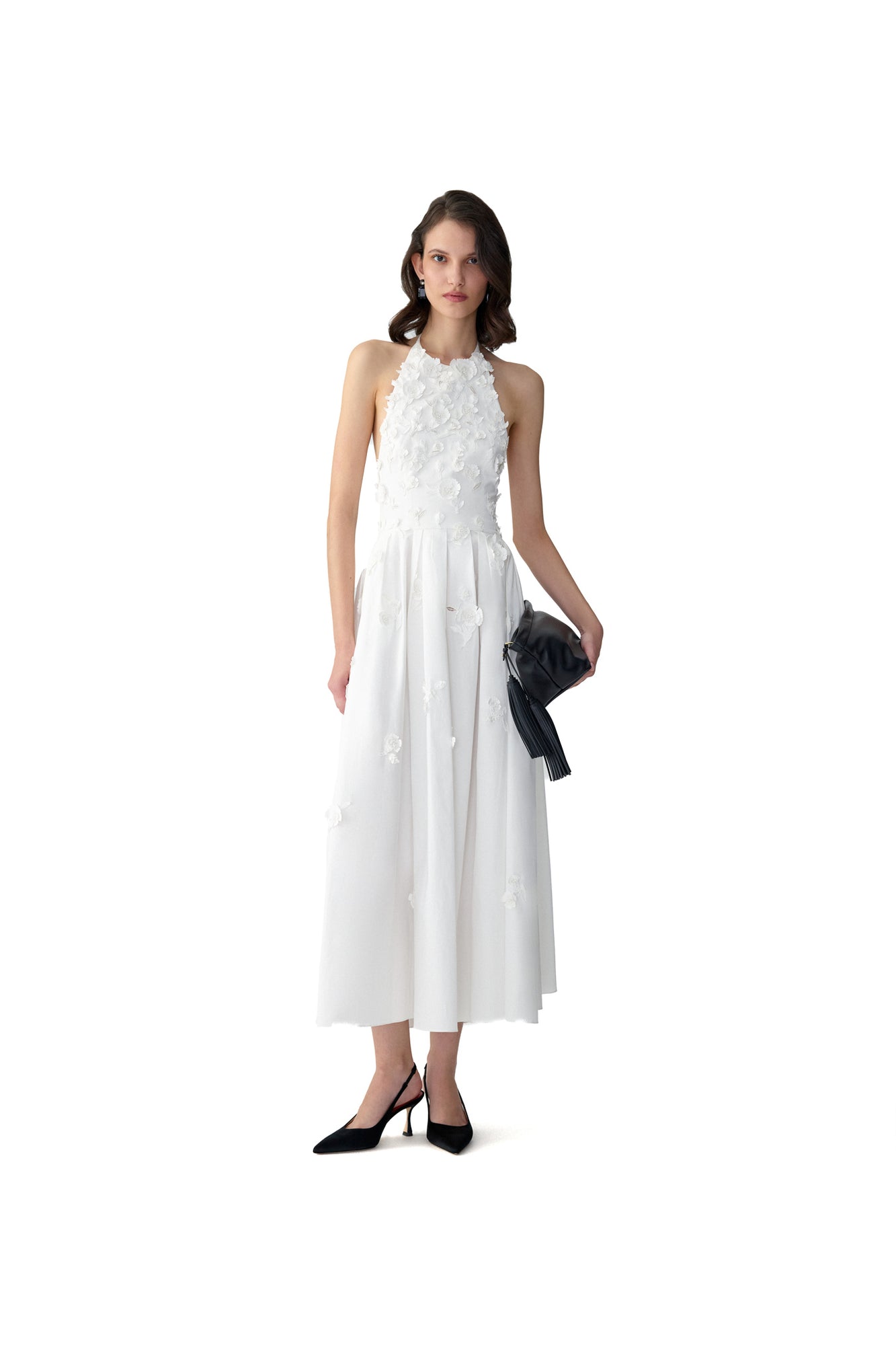 Embroidered Halter Neck A-Line Midi Dress | White