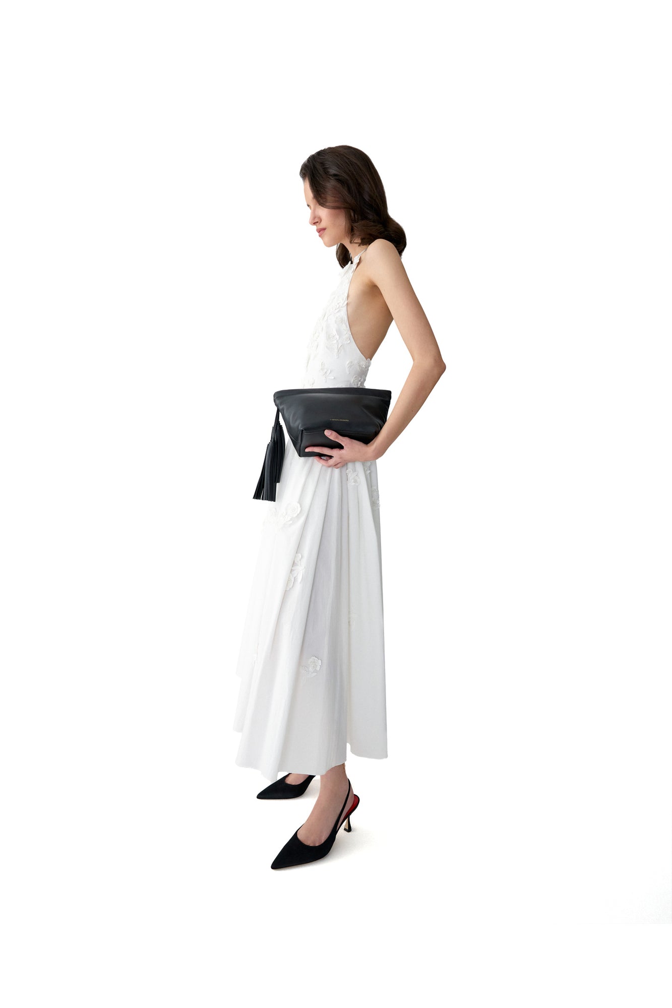 Embroidered Halter Neck A-Line Midi Dress | White