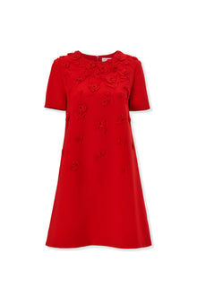 Embroidered Short Sleeve Crewneck Shift Dress | Herrera Red