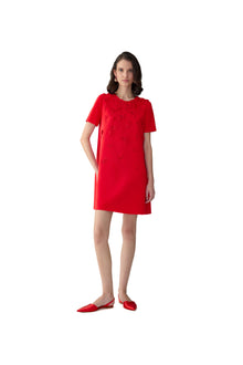 Embroidered Short Sleeve Crewneck Shift Dress | Herrera Red