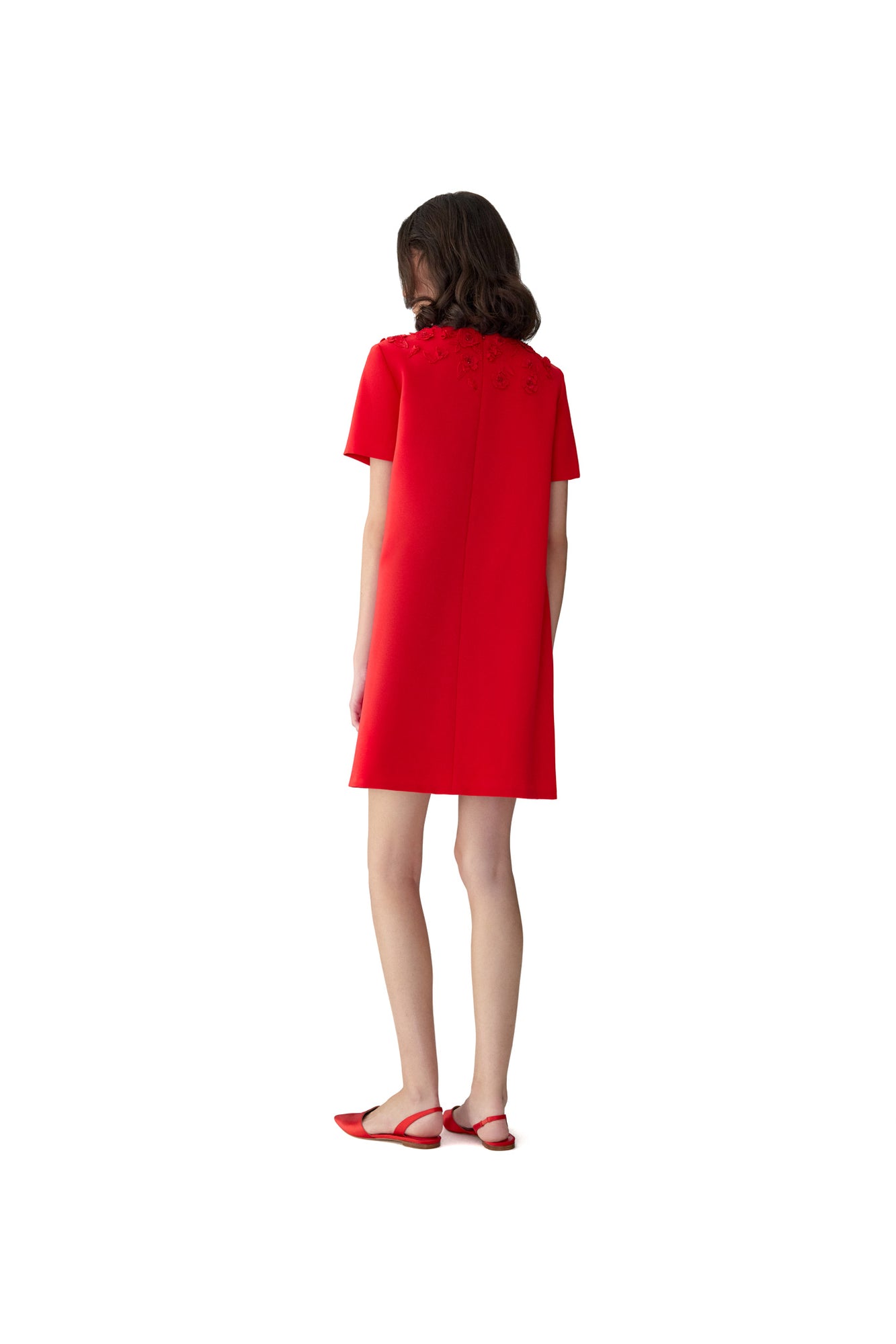 Embroidered Short Sleeve Crewneck Shift Dress | Herrera Red
