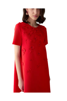Embroidered Short Sleeve Crewneck Shift Dress | Herrera Red
