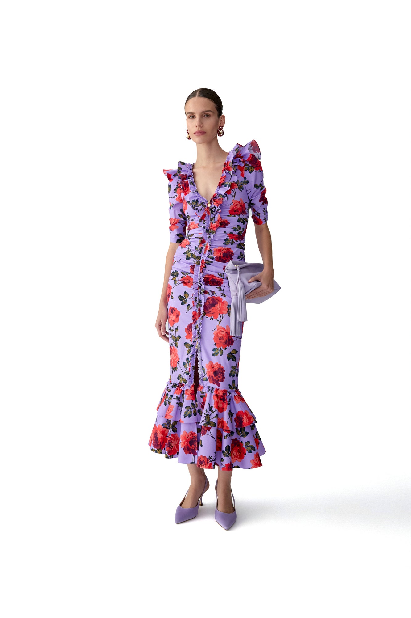 Short Sleeve V-Neck Gathered Midi Dress | Violeta Multi