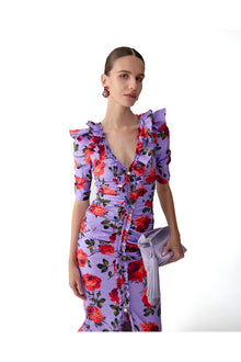 Short Sleeve V-Neck Gathered Midi Dress | Violeta Multi