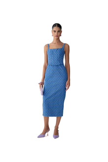 Scoop Neck Corseted Midi Pencil Dress | Light Blue