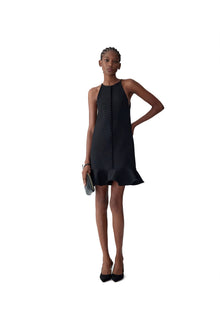 Sleeveless Halter Neck Mini Dress With Ruffle Hem | Black
