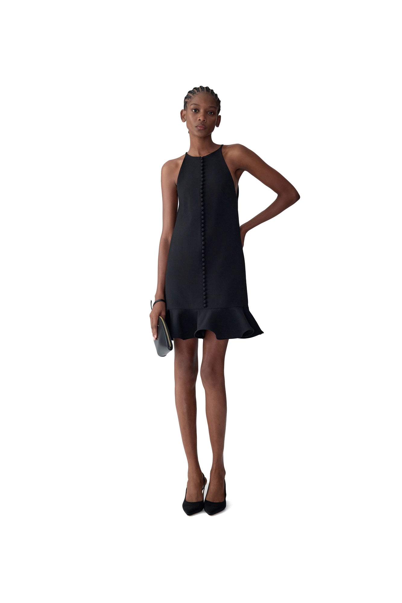 Sleeveless Halter Neck Mini Dress With Ruffle Hem | Black