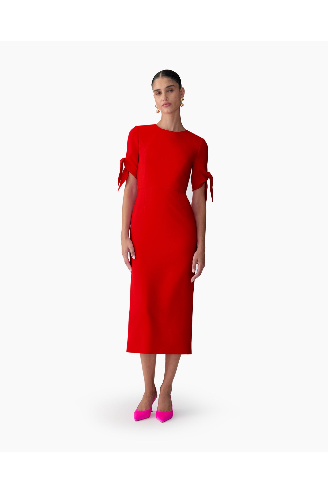 Elbow Tie Sleeve Crewneck Midi Dress | Herrera Red
