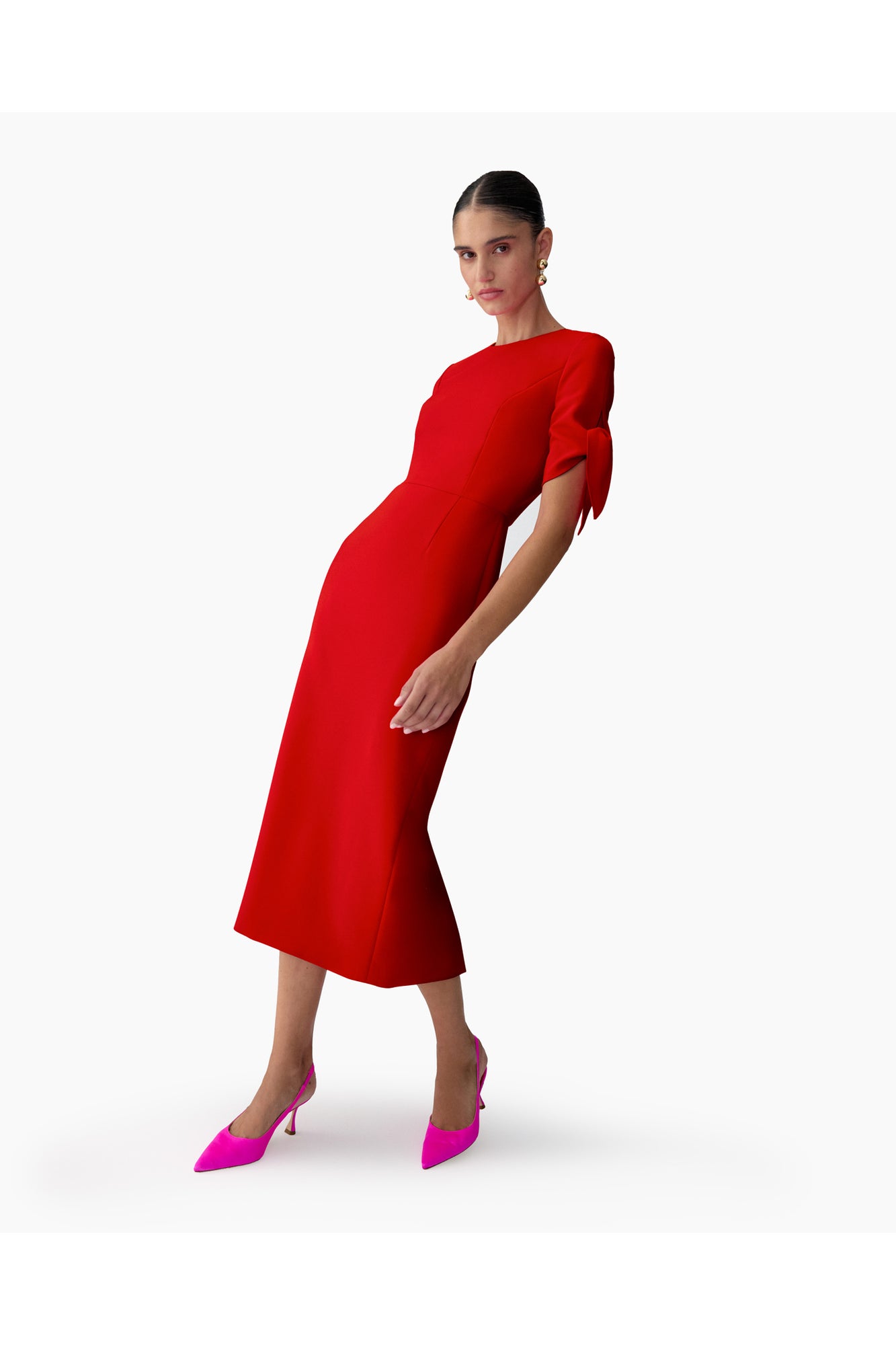 Elbow Tie Sleeve Crewneck Midi Dress | Herrera Red