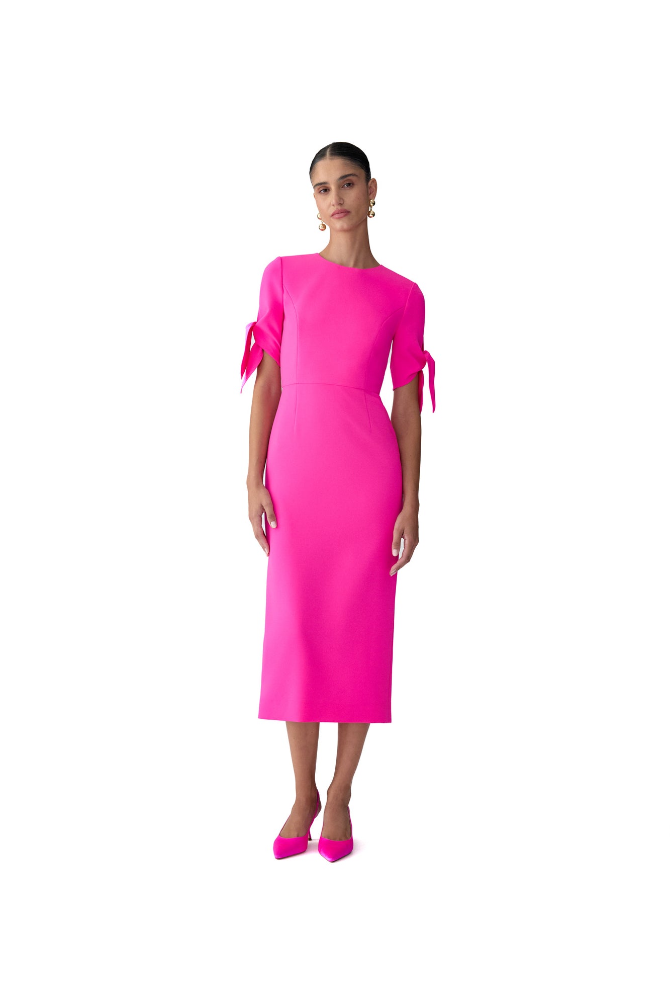 Elbow Tie Sleeve Crewneck Midi Dress | Hot Pink