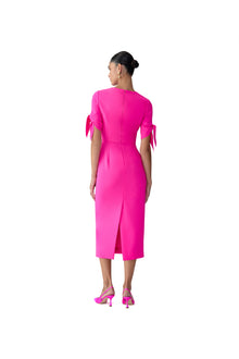 Elbow Tie Sleeve Crewneck Midi Dress | Hot Pink