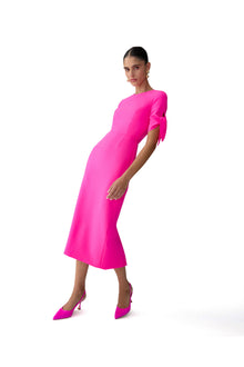 Elbow Tie Sleeve Crewneck Midi Dress | Hot Pink