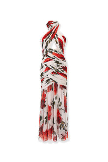 Criss-Cross Halter Neck Ruched Midi Dress | Ivory Multi