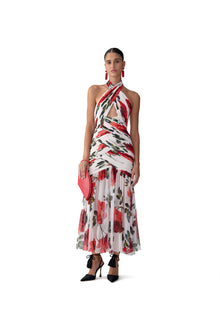 Criss-Cross Halter Neck Ruched Midi Dress | Ivory Multi